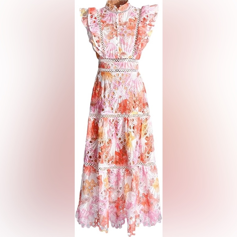 Amazon Floral Lace Maxi Dress - Pink and Orange